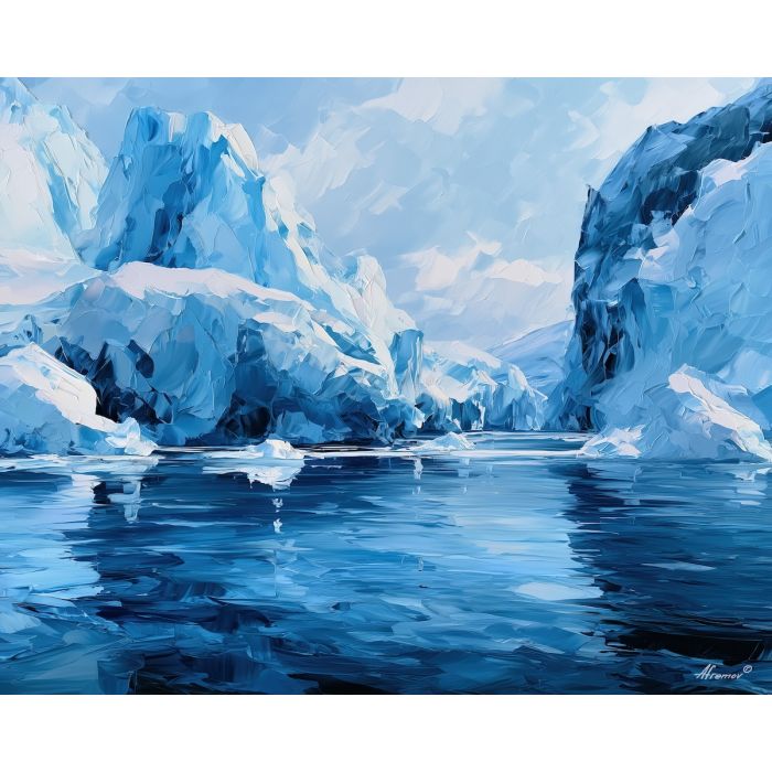 frosted lagoon, ignites rustsong, frosted lagoon ignites rustsong art, blue wall decor, minimal detail art, textured oil painting, afremov inspired, frozen seascape, winter wall art, glacial decor