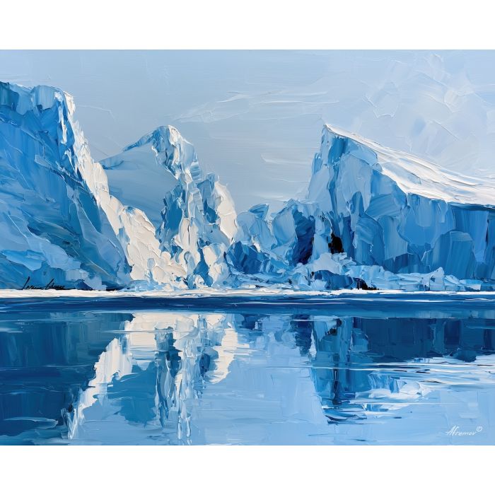 silver mirror, listens jadeweather, silver mirror listens jadeweather art, minimal detail art, textured oil painting, afremov inspired, frozen seascape, winter wall art, glacial decor, cool blue art