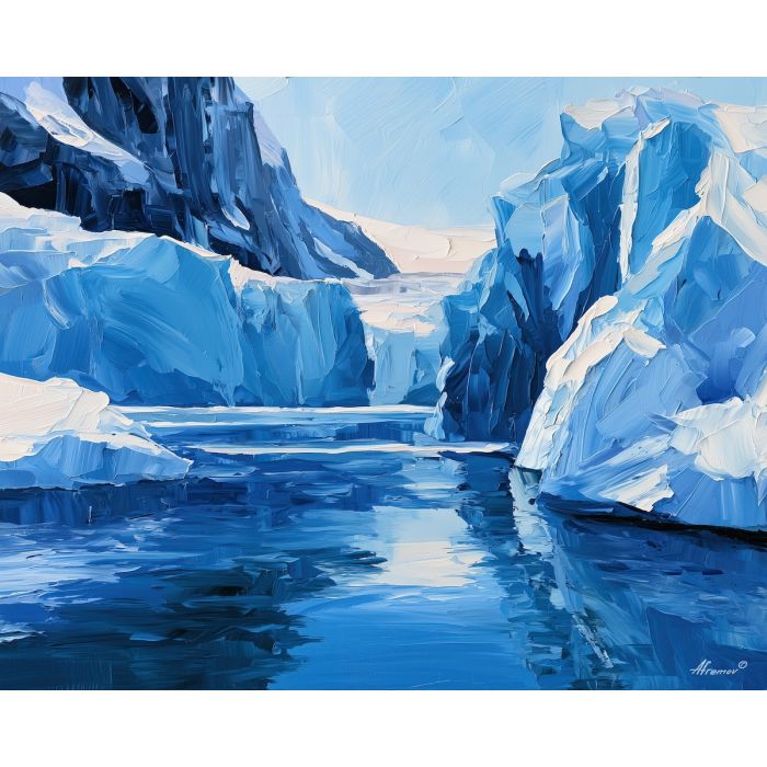 icefield mirror, lifts jadeweather, icefield mirror lifts jadeweather art, thick brush strokes, blue wall decor, minimal detail art, textured oil painting, afremov inspired, frozen seascape, winter wall art