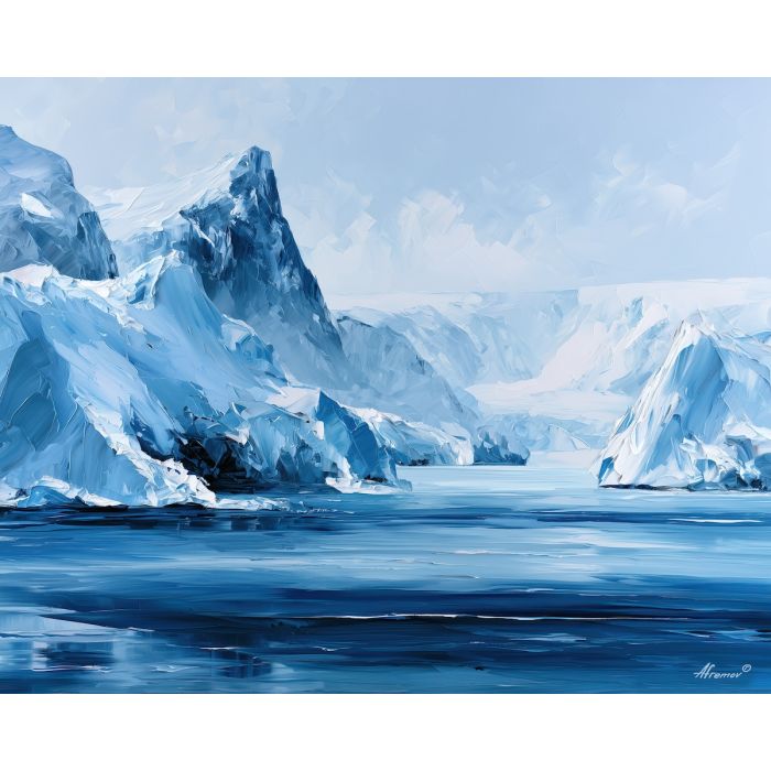 silver fjord, listens cloudhoney, silver fjord listens cloudhoney art, thick brush strokes, blue wall decor, minimal detail art, textured oil painting, afremov inspired, frozen seascape, winter wall art