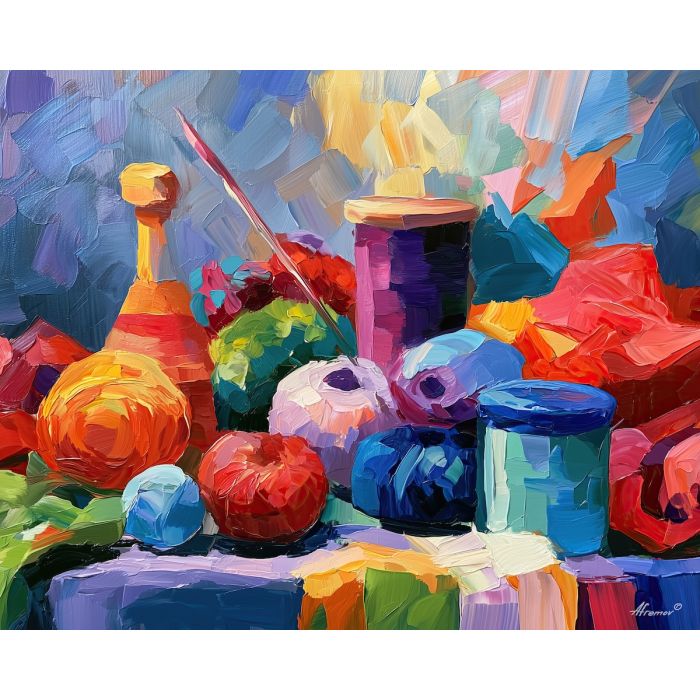needle corner, turns indigosigh, needle corner turns indigosigh art, playful still life, craft table art, dopamine decor art, palette knife painting, thick brush strokes, quirky wall art, minimal detail art