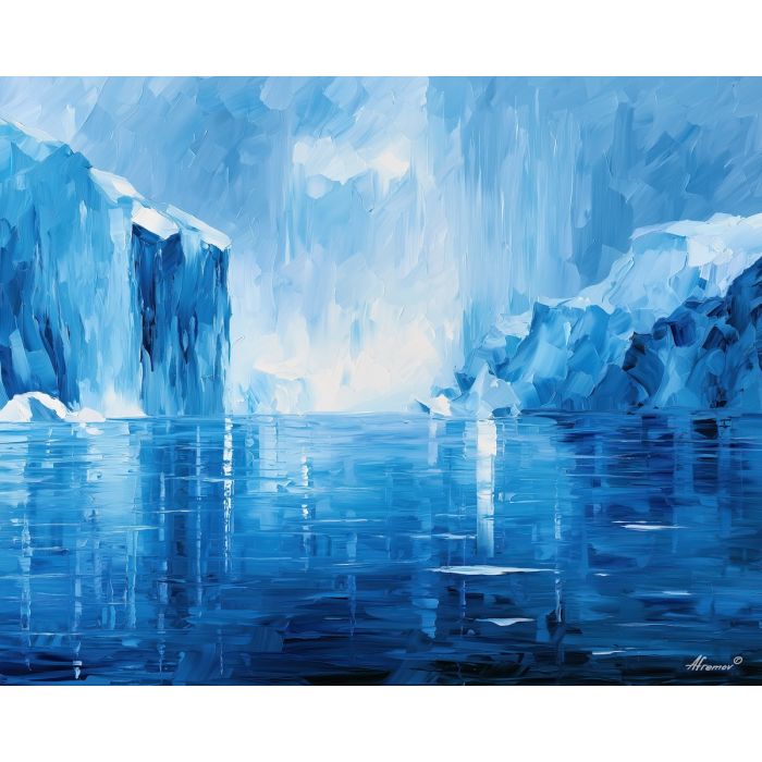 polar harbor, holds rainlight, polar harbor holds rainlight art, icy landscape painting, palette knife landscape, thick brush strokes, blue wall decor, minimal detail art, textured oil painting, afremov inspired