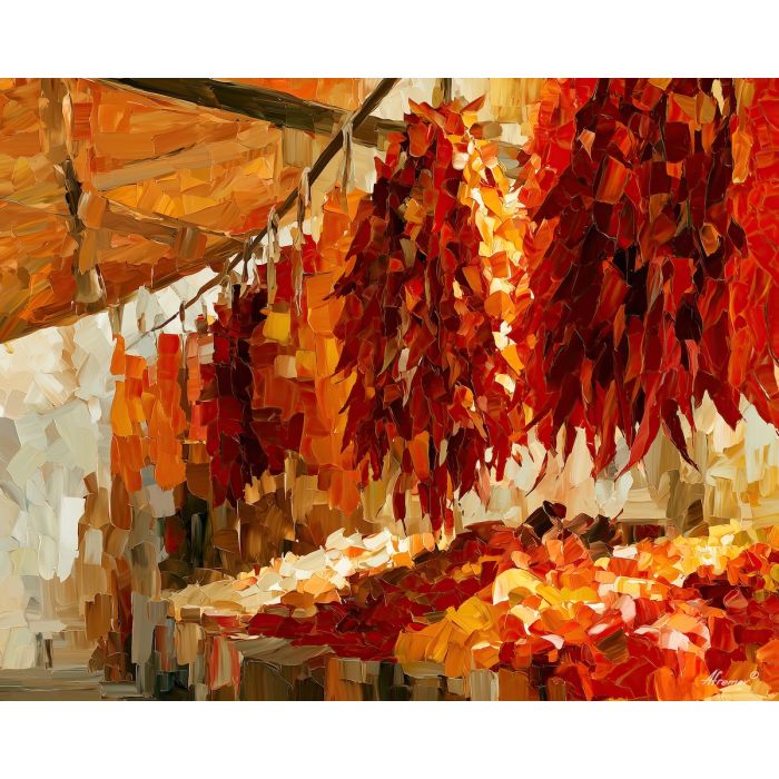 saffron stall, glimmers silkthunder, saffron stall glimmers silkthunder art, dopamine kitchen art, afremov inspired, playful still life, surreal food art, market wall art, quirky kitchen art, colorful food painting