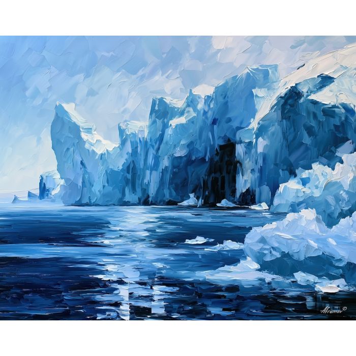 icefield harbor, glimmers rainlight, icefield harbor glimmers rainlight art, blue wall decor, minimal detail art, textured oil painting, afremov inspired, frozen seascape, winter wall art, glacial decor