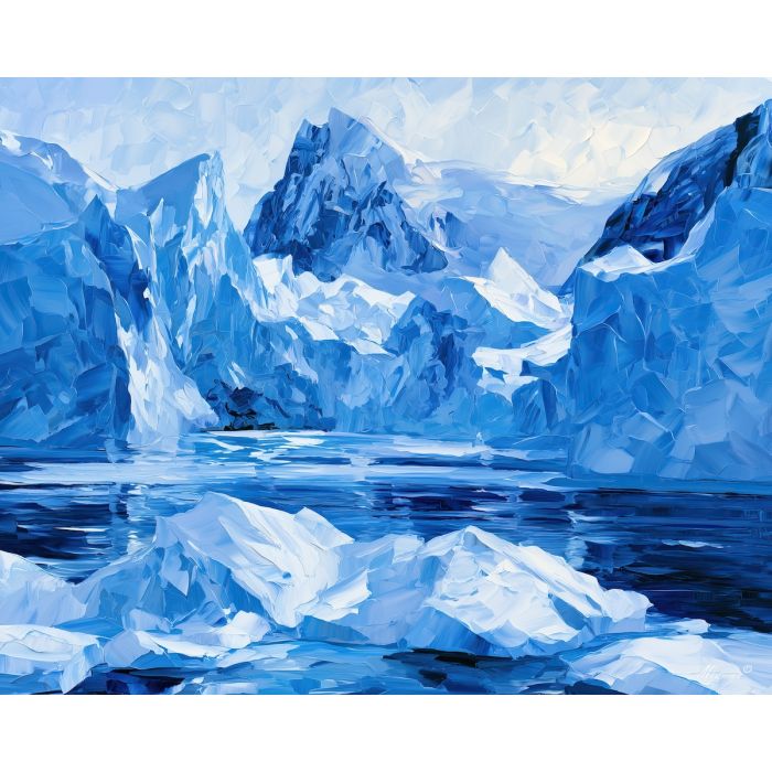 arctic fjord, melts cloudhoney, arctic fjord melts cloudhoney art, frozen seascape, winter wall art, glacial decor, cool blue art, glacier wall art, icy landscape painting, palette knife landscape