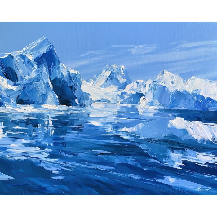 polar lagoon, folds rustsong, polar lagoon folds rustsong art, winter wall art, glacial decor, cool blue art, glacier wall art, icy landscape painting, palette knife landscape, thick brush strokes