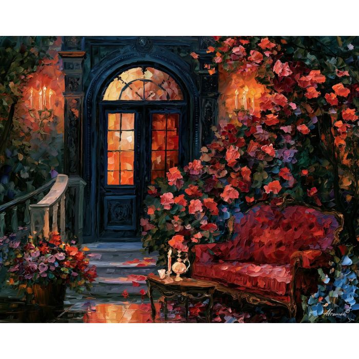 ornate doorway, gathers coralnoise, ornate doorway gathers coralnoise art, moody interior art, dark floral decor, victorian wall art, palette knife interior, thick brush strokes, candlelit room art, minimal detail art