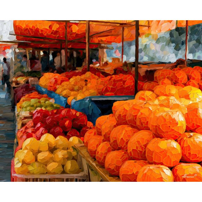 citrus stall, holds silkthunder, citrus stall holds silkthunder art, whimsical wall decor, minimal detail art, textured oil painting, dopamine kitchen art, afremov inspired, playful still life, surreal food art