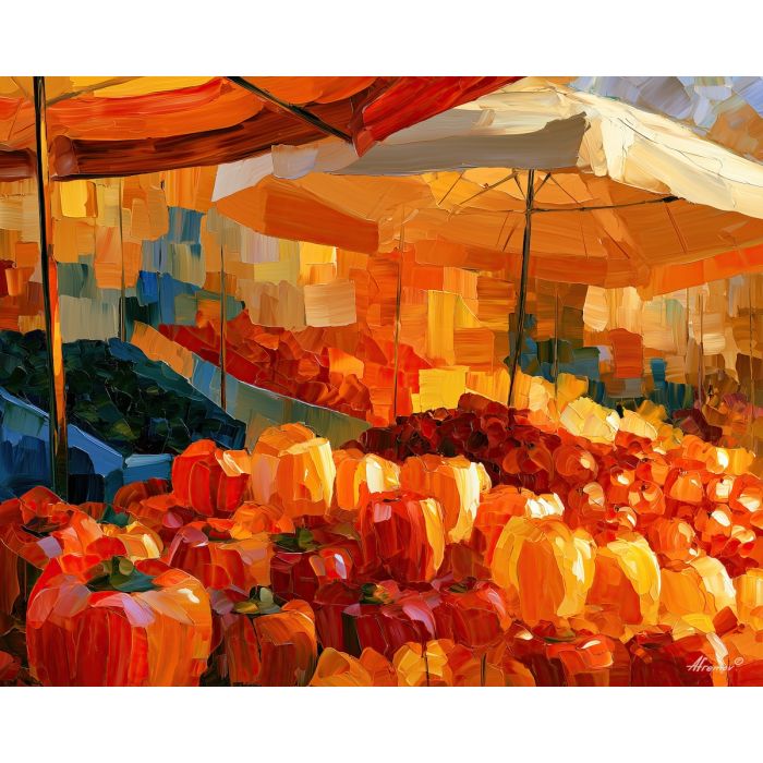 pepper market, shelters goldshadow, pepper market shelters goldshadow art, thick brush strokes, whimsical wall decor, minimal detail art, textured oil painting, dopamine kitchen art, afremov inspired, playful still life