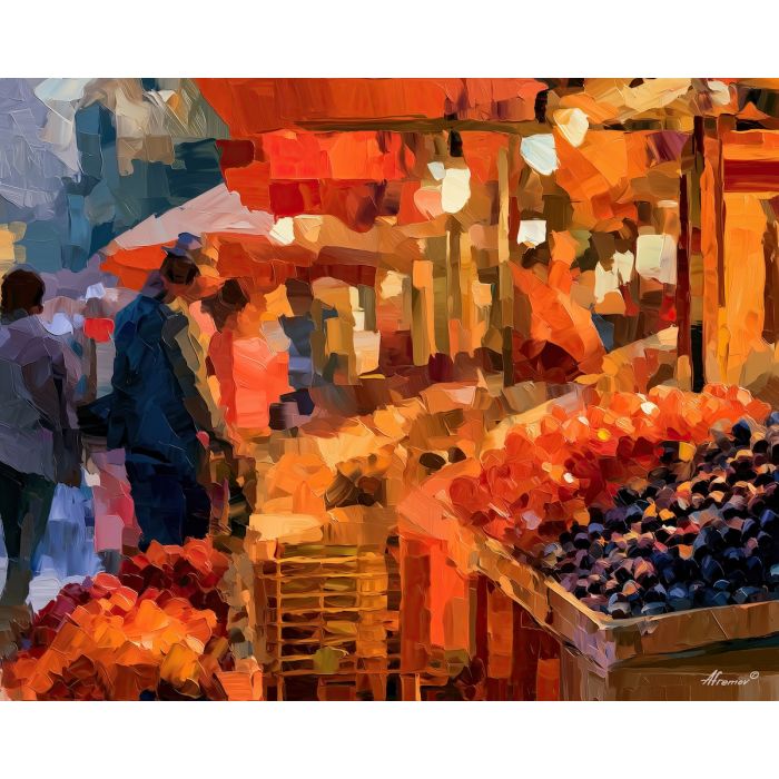 blueberry stall, wanders silkthunder, blueberry stall wanders silkthunder art, quirky kitchen art, colorful food painting, palette knife painting, thick brush strokes, whimsical wall decor, minimal detail art, textured oil painting