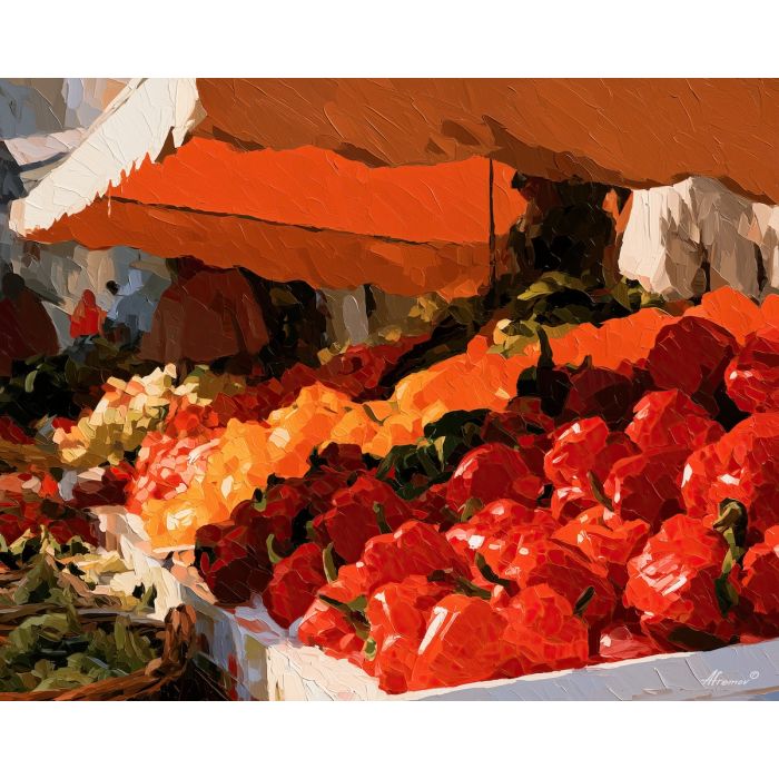 pepper awning, shelters blueember, pepper awning shelters blueember art, whimsical wall decor, minimal detail art, textured oil painting, dopamine kitchen art, afremov inspired, playful still life, surreal food art