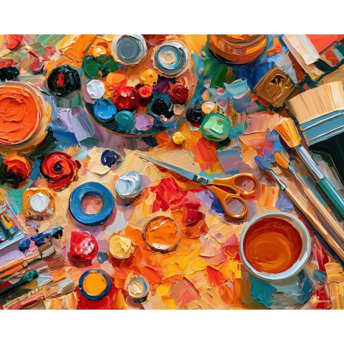 scissor table, paints amberdrift, scissor table paints amberdrift art, textured oil painting, colorful home decor, afremov inspired, hobby room art, whimsical hobby art, playful still life, craft table art