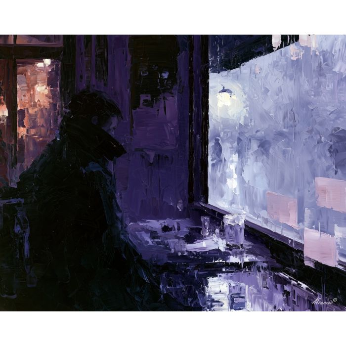 caf shadow, slips violetwake, café shadow slips violetwake art, vintage desk art, poetcore art, rainy window painting, writer aesthetic art, moody wall decor, palette knife painting, thick brush strokes