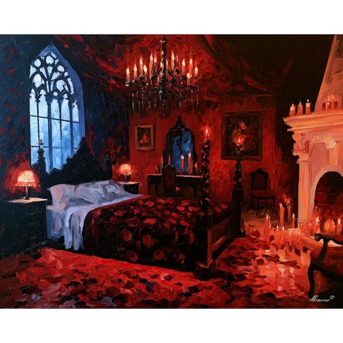 blackrose chamber, carries starcloth, blackrose chamber carries starcloth art, textured oil painting, dramatic wall decor, afremov inspired, black rose art, gothic romance art, moody interior art, dark floral decor