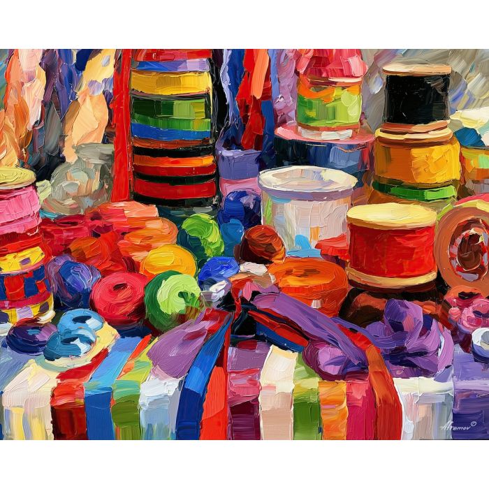 ribbon table, saves amberdrift, ribbon table saves amberdrift art, quirky wall art, minimal detail art, textured oil painting, colorful home decor, afremov inspired, hobby room art, whimsical hobby art