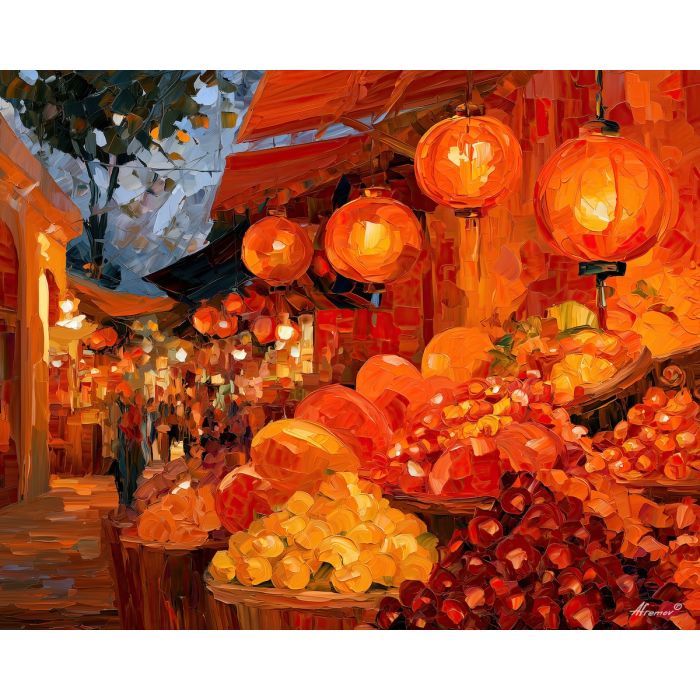 saffron lantern, glimmers rustsong, saffron lantern glimmers rustsong art, playful still life, surreal food art, market wall art, quirky kitchen art, colorful food painting, palette knife painting, thick brush strokes