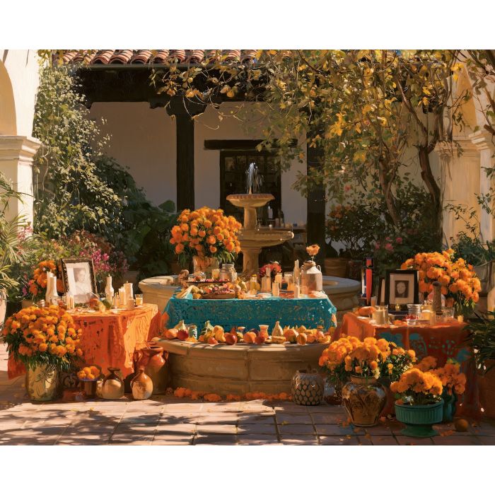 memorial courtyard, dia de muertos altar art, mexican courtyard painting, day of the dead decor, marigold memorial, cultural wall art, candle courtyard, mexican oil painting, seasonal decor, remembrance art