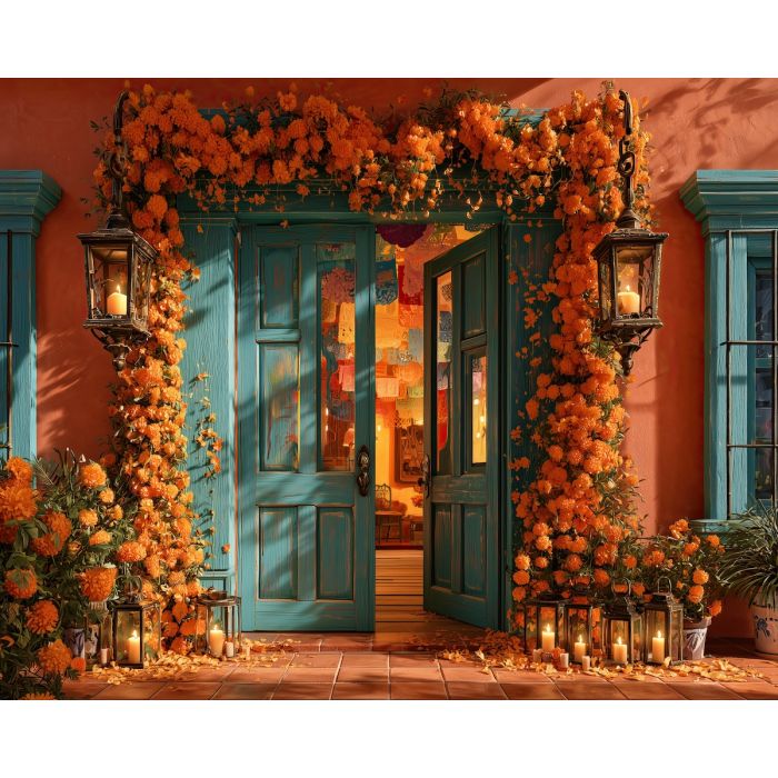 marigold doorway painting, dia de muertos architecture, mexican door art, day of the dead oil painting, turquoise door decor, floral entrance art, cultural wall decor, festive mexican painting, seasonal architecture art, marigold decor