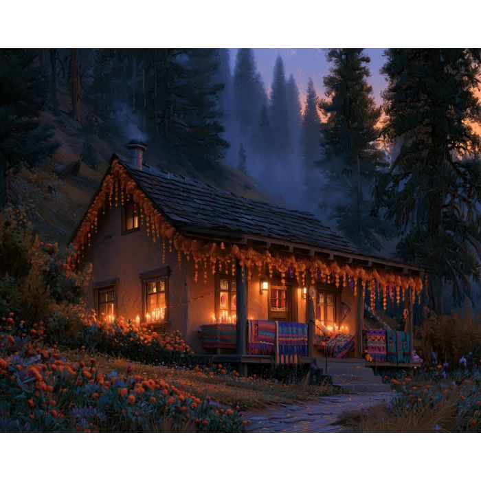 marigold cabin, dia de muertos landscape, mexican mountain house art, day of the dead oil painting, cultural wall decor, festive cabin painting, marigold home decor, mountain landscape art, seasonal mexican painting, rustic decor