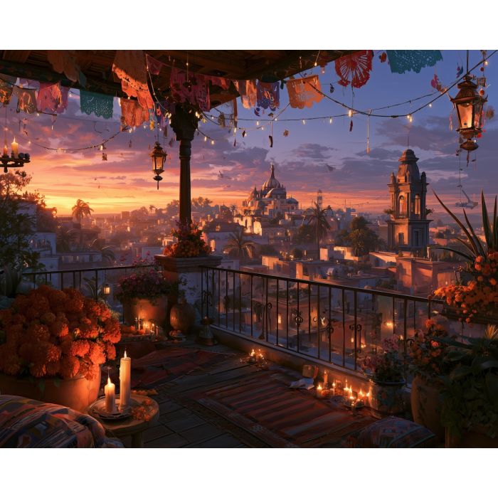 marigold terrace, dia de muertos rooftop, mexican town painting, day of the dead decor, colorful oil painting, cultural wall art, festive rooftop art, marigold decor, sunset mexican art, seasonal painting