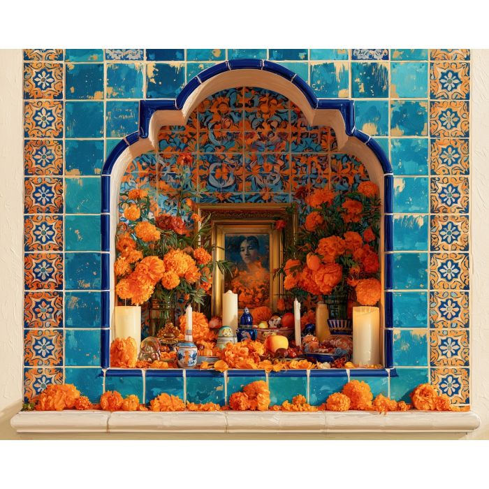 ofrenda niche, dia de muertos altar art, mexican wall niche, day of the dead decor, marigold painting, candle altar, mexican oil painting, cultural wall art, memorial decor, seasonal art