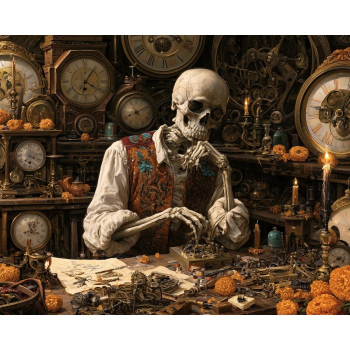 calavera clockmaker, dia de muertos artisan art, skeleton clock painting, mexican oil painting, day of the dead decor, antique clock art, cultural wall decor, festive workshop painting, marigold craftsman, seasonal art