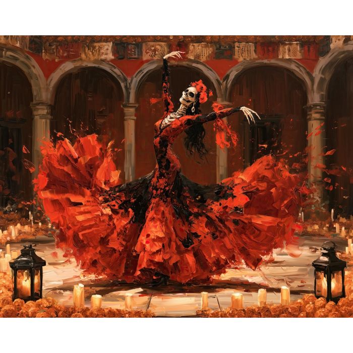 calavera dancer, dia de muertos dance art, skeleton dancer painting, day of the dead decor, mexican oil painting, red dress art, festive cultural painting, marigold dance art, dramatic wall art, seasonal decor