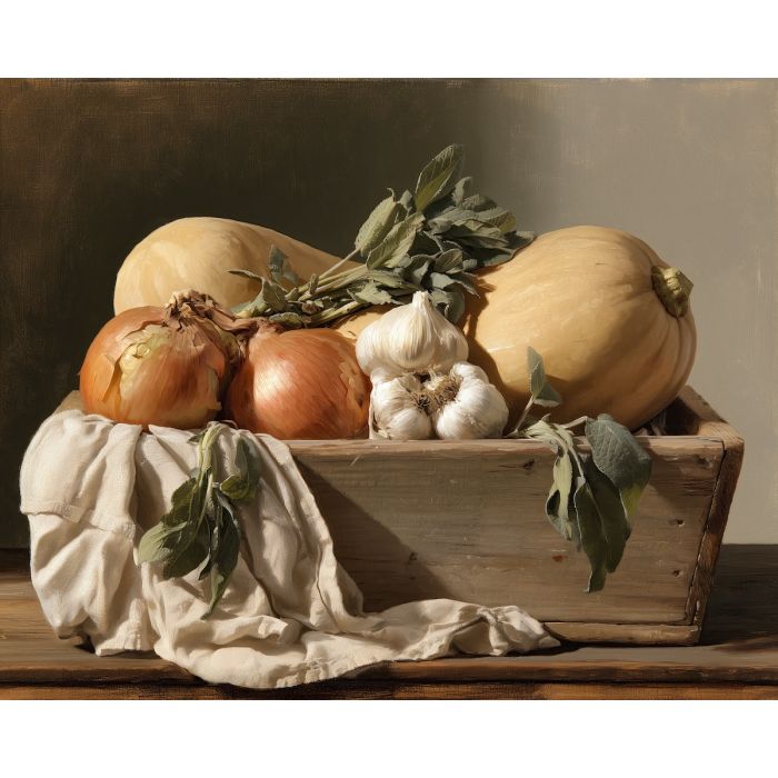butternut squash painting, fall still life, autumn kitchen art, seasonal oil painting, harvest decor, rustic food painting, farmhouse wall art, fall kitchen decor, autumn vegetables, seasonal still life