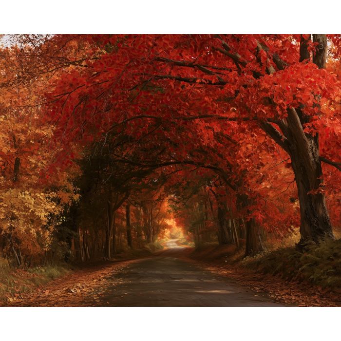 fall canopy road, autumn road painting, seasonal oil painting, fall foliage wall art, country lane decor, autumn tree tunnel, scenic road art, fall landscape, rustic wall decor, seasonal scenery