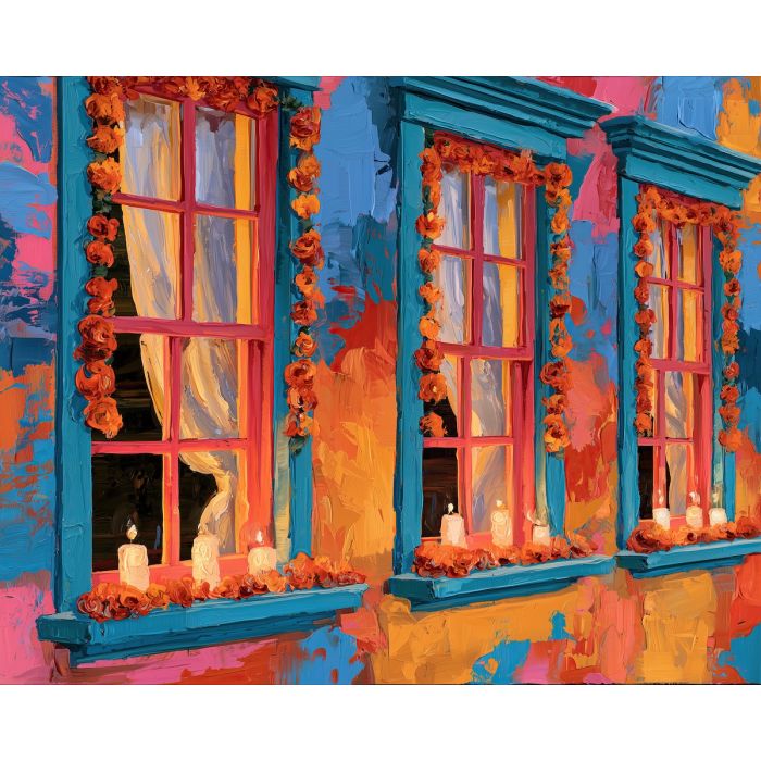 marigold windows, dia de muertos architecture, mexican window painting, day of the dead decor, colorful oil painting, floral window art, cultural wall decor, mexican house art, festive seasonal art, marigold painting
