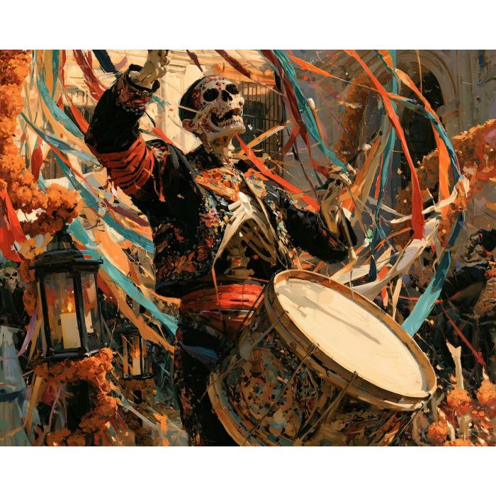 calavera drummer, dia de muertos music painting, skeleton drummer art, day of the dead decor, mexican oil painting, festive musician art, marigold celebration, cultural wall decor, drum painting, seasonal art