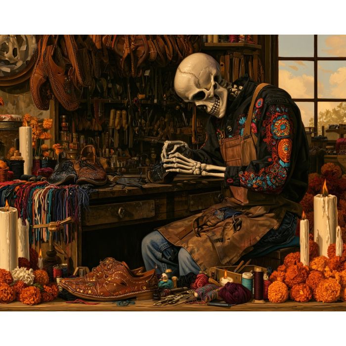 calavera shoemaker, dia de muertos artisan art, skeleton craftsman painting, mexican oil painting, day of the dead decor, leather workshop art, cultural wall decor, festive artisan painting, marigold workshop, seasonal art