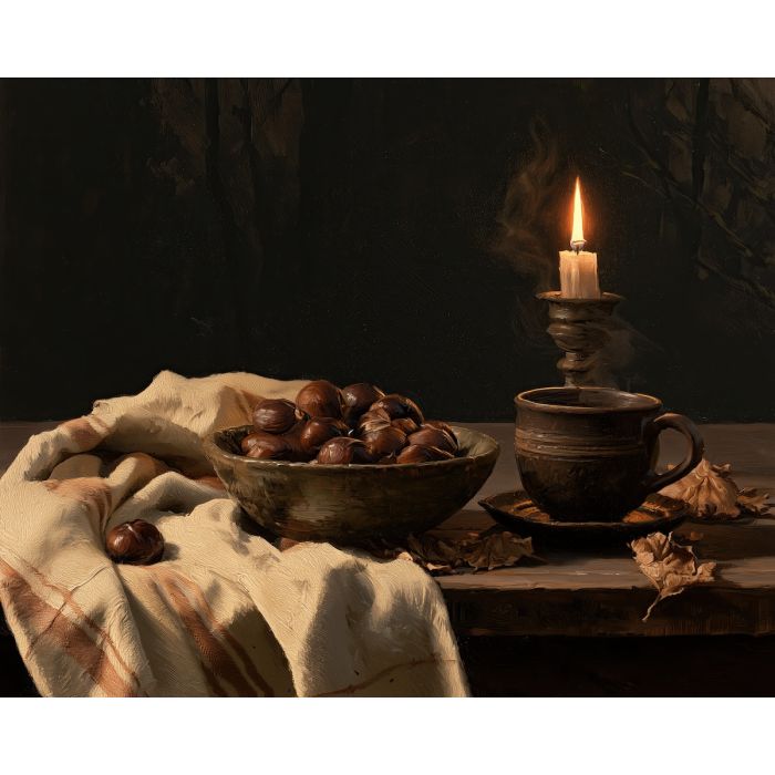 roasted chestnut painting, fall still life, cozy autumn art, seasonal oil painting, kitchen wall decor, chestnut wall art, warm fall decor, rustic still life, autumn table art, harvest painting