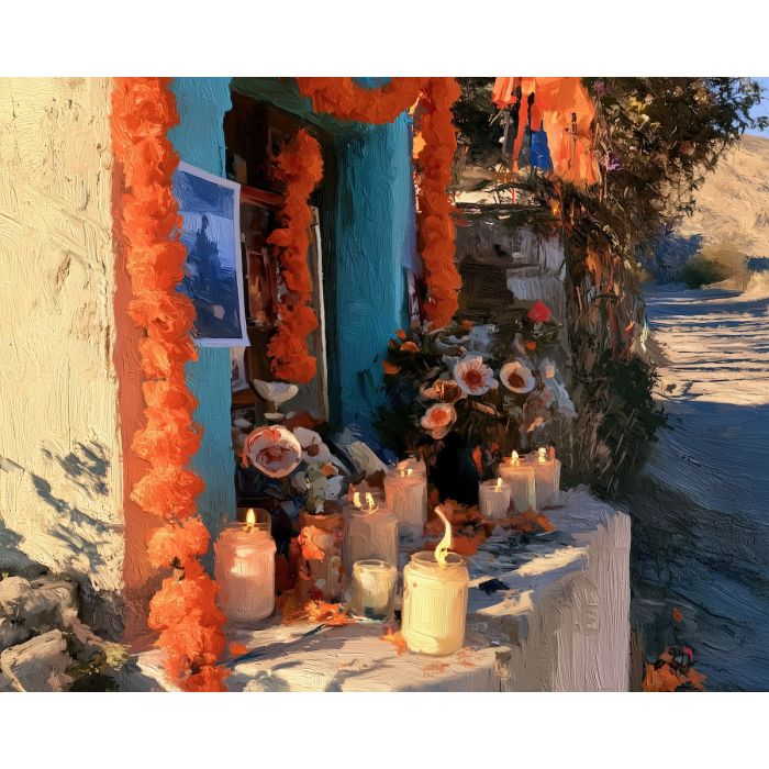 marigold shrine, dia de muertos memorial, roadside altar painting, mexican oil painting, day of the dead decor, candle shrine art, cultural landscape, remembrance wall art, seasonal painting, mexican memorial art