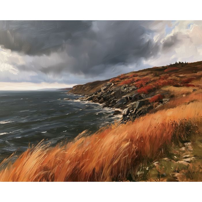 fall coastline painting, autumn seascape, ocean oil painting, coastal wall art, seasonal landscape, fall cliff art, autumn nature decor, dramatic seascape, rustic coastal art, fall wall decor
