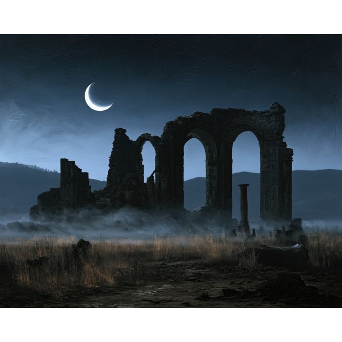 moonlit ruins painting, halloween landscape, gothic ruins art, halloween oil painting, ancient stone decor, spooky landscape art, dark architecture painting, misty ruins art, seasonal wall decor, romantic gothic painting