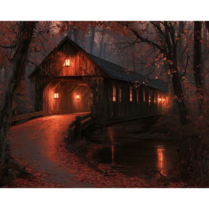 covered bridge painting, halloween landscape, autumn bridge art, halloween oil painting, rustic wall decor, lantern bridge painting, fall forest art, rural halloween decor, seasonal landscape, dark countryside painting