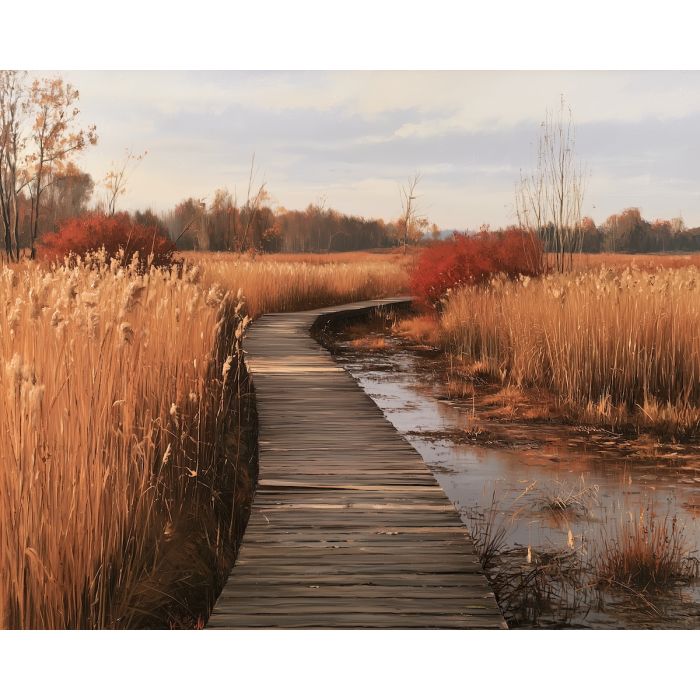 fall boardwalk painting, autumn marsh art, seasonal oil painting, wetland wall decor, fall landscape, golden reeds painting, nature wall art, autumn scenery, peaceful landscape, seasonal decor