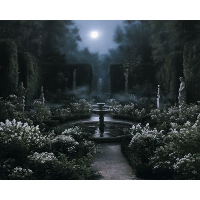 moon garden painting, halloween garden art, gothic botanical decor, halloween oil painting, moonlit flowers art, dark garden painting, enchanted landscape, elegant halloween decor, night garden art, seasonal wall art