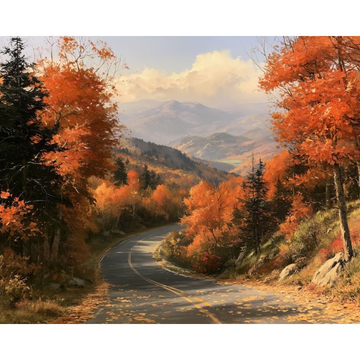 autumn mountain road, fall landscape painting, mountain oil painting, autumn travel art, fall foliage decor, scenic road painting, seasonal wall art, mountain wall decor, autumn countryside, fall scenery