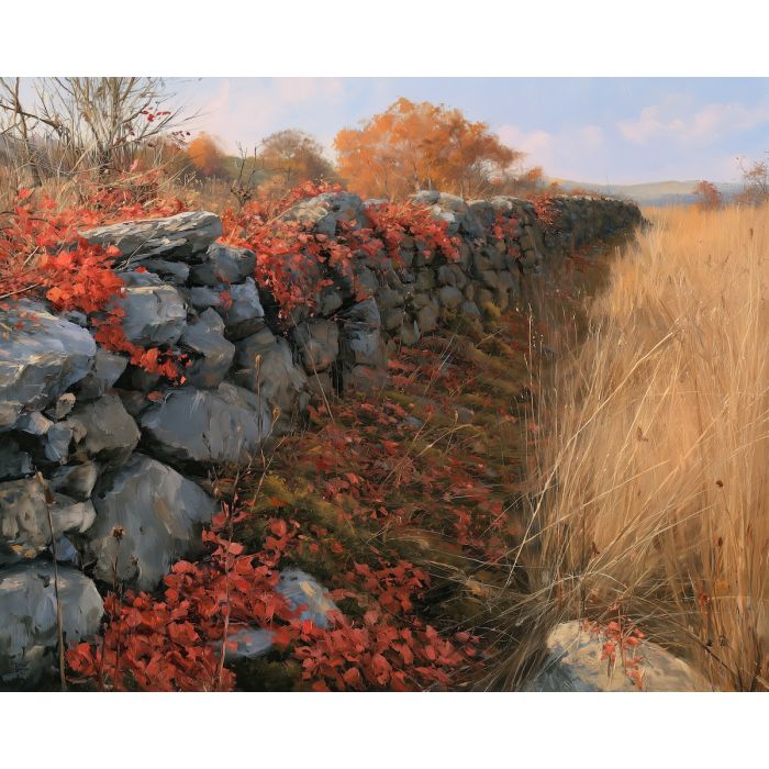 stone wall painting, autumn countryside art, fall landscape painting, rustic oil painting, seasonal wall decor, fall field art, country wall painting, autumn nature decor, rural landscape, fall scenery