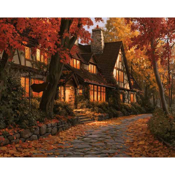 fall country inn, autumn cottage painting, seasonal oil painting, cozy architecture art, fall wall decor, countryside inn painting, autumn landscape, rustic home art, seasonal scenery, warm cottage decor