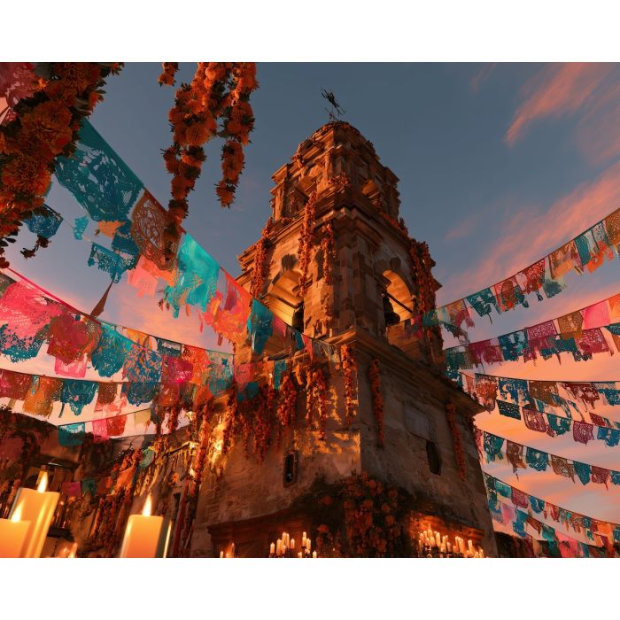 marigold bell tower, dia de muertos architecture, mexican town painting, day of the dead oil painting, cultural wall art, festive tower art, papel picado painting, marigold decor, seasonal mexican art, sunset architecture
