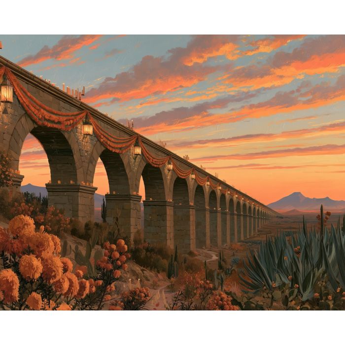 marigold aqueduct, dia de muertos landscape, mexican architecture painting, day of the dead oil painting, cultural wall art, sunset aqueduct decor, festive landscape art, marigold architecture, seasonal mexican art, agave painting