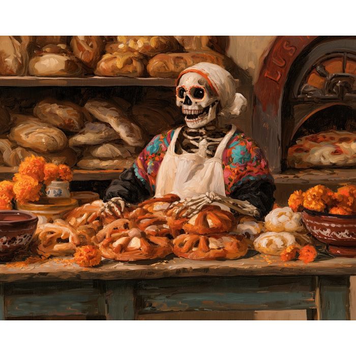 calavera baker, dia de muertos food art, skeleton baker painting, pan de muerto art, mexican oil painting, day of the dead decor, bakery wall art, cultural kitchen decor, festive food painting, seasonal art