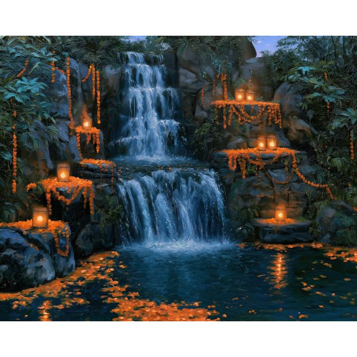 marigold waterfall, dia de muertos landscape, mexican garden art, day of the dead oil painting, floral waterfall decor, cultural wall art, candle garden painting, festive nature art, seasonal landscape, marigold water art