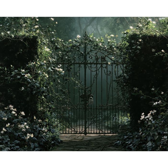 garden gate painting, halloween botanical art, gothic garden decor, halloween oil painting, mysterious gate art, enchanted garden painting, thorn vine decor, dark floral wall art, seasonal gothic art, foggy garden painting
