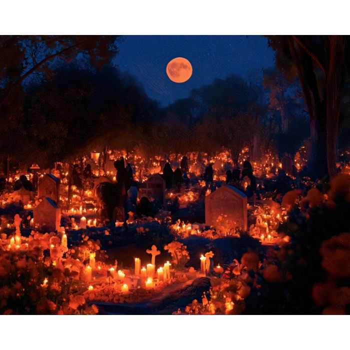 dia de muertos cemetery, candle cemetery painting, mexican memorial art, day of the dead oil painting, marigold graves, cultural wall decor, moonlit cemetery, candlelight art, remembrance painting, festive memorial art