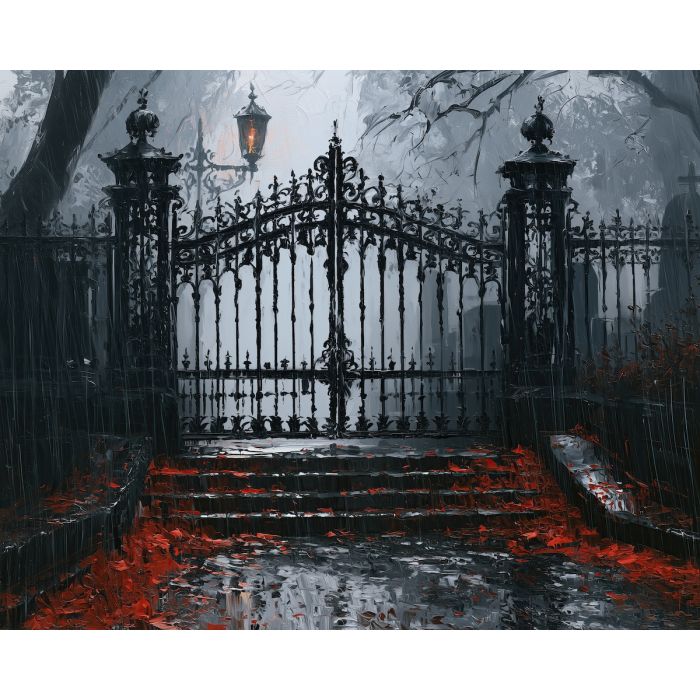 cemetery gate painting, halloween rain art, gothic gate decor, halloween oil painting, wrought iron wall art, spooky entrance painting, rainy autumn decor, gothic landscape art, seasonal wall art, dark romantic painting