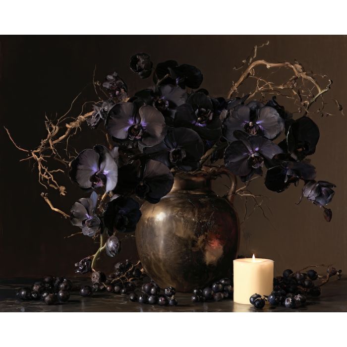 black orchid painting, gothic floral art, halloween flower painting, dark botanical decor, halloween oil painting, orchid wall art, moody floral painting, gothic still life, elegant halloween art, dark flower decor